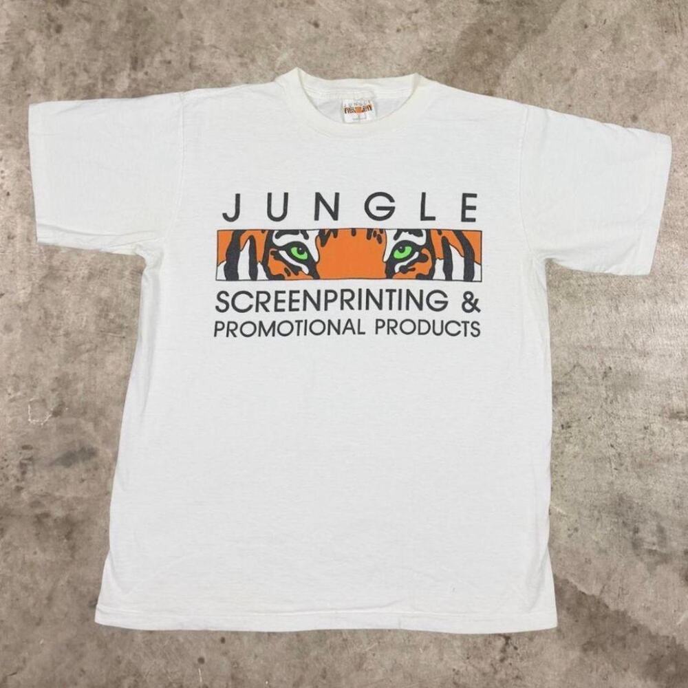 Vintage 90s Jungle Screen Print Graphic Tee Tiger T-Shirt Top White Mens Size L